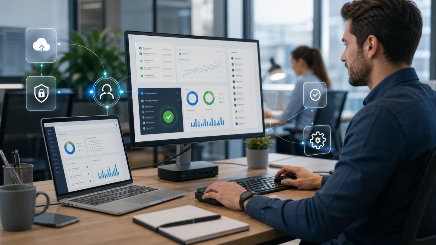Managed IT support dashboard with cloud, security, and workflow automation indicators