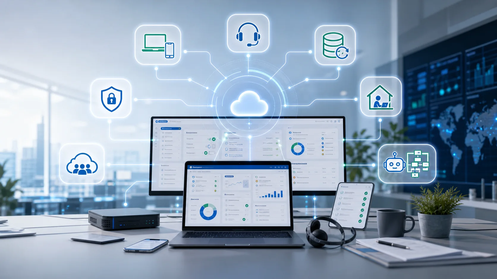 Connected business technology systems including support, security, cloud, backup, devices, and workflow automation